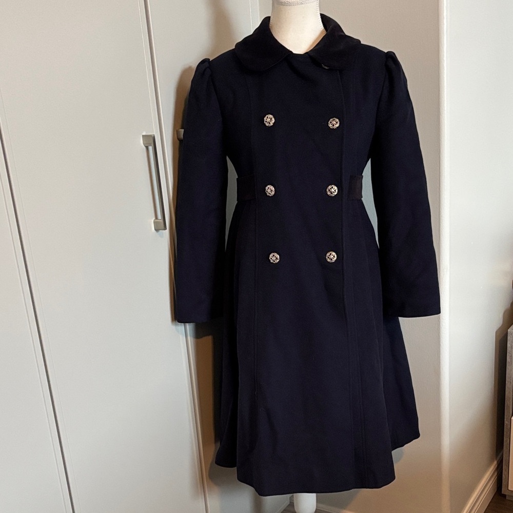 Elegant Navy Blue with Black velvet Trim Double-Breasted Rothschild Pea Coat